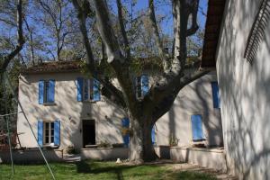 a tree in front of a white house with blue windows at Le Mas des Cigales in Avignon