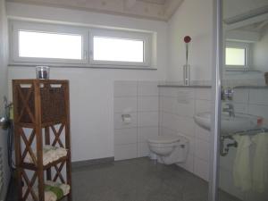 a white bathroom with a toilet and a sink at Apfelhof - Ferienwohnung Wielath in Salem +23 photos