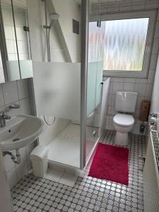 a bathroom with a toilet and a sink and a shower at Ferienwohnung Taunusnest in Limbach +17 photos