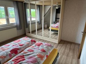a room with two beds and a mirror at Ferienwohnung Taunusnest in Limbach