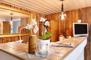 a bathroom with a desk with a computer and a mirror at Sleep And Go in Mundelsheim