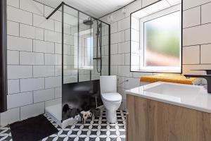 a bathroom with a toilet and a sink at L'Arche aux Peyruches in Assieu +13 photos