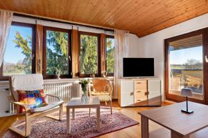 a living room with a tv and some windows at Ferienwohnung Schöne Aussicht in Gemmrigheim