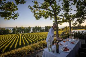 a chef preparing a table in front of a vineyard at Schloss Kirchberg - Rose in Immenstaad am Bodensee