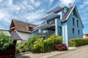 a blue house with balconies and bushes at Blauer Seestern in Allensbach