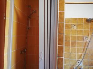 a bathroom with a shower with tiles on the wall at Luitje Gasthuus in Krummhörn +7 photos