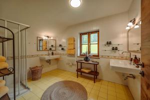 a bathroom with two sinks and a glass shower at Chalet Hinterweiding Gut in Wiederriesen