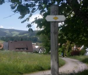 a street sign on a wooden pole on a dirt road at Ferienwohnung Blattmann in Sankt Peter