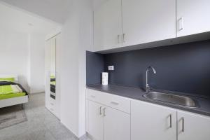 a kitchen with white cabinets and a sink at Haus Rosa in Albstadt +53 photos