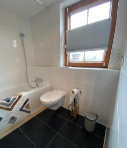 a white bathroom with a toilet and a window at Schwarzwaldnest Dachsberg in Wilfingen +11 photos