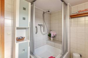 a bathroom with a shower with a glass door at Zwei-Zimmer-Wohnung in Schopfheim in Schopfheim +17 photos