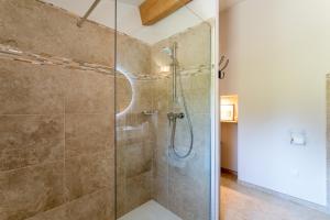 a bathroom with a shower with a glass door at Tilleul enchanté in Malaucène +17 photos
