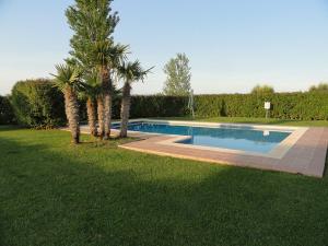 a swimming pool with palm trees in a yard at Royal Horizón Dúplex in Navata