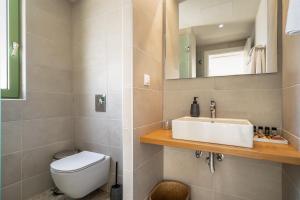 a bathroom with a sink and a toilet and a mirror at Joy Aqua in Skala