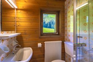 a bathroom with a sink and a toilet and a window at Ferienhaus Oberschneider in Selva dei Molini