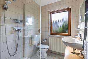 a bathroom with a shower and a toilet and a sink at An der Schwäbischen Alb in Mössingen +10 photos