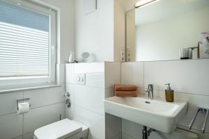 a bathroom with a sink and a toilet and a mirror at Fink - Vogelhaus in Friedrichshafen +17 photos