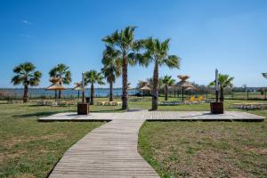 a wooden path in a park with palm trees at Mobilhome 373 in Lattes