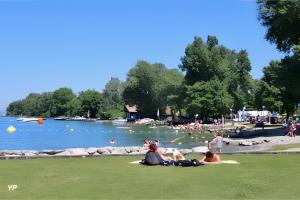 a group of people laying on the grass near a lake at Chalet 35m2 3 chambres in Sciez +4 photos