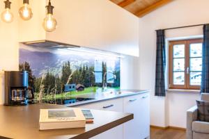 a kitchen with a sink and a counter top at Schreiberhof Charme in Laion
