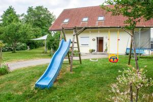 a blue slide in the yard of a house at Beutenmühle Straussenfarm Dach in Owingen