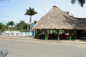 a building with a straw roof next to a pool at El Algarrobo in Tocaima