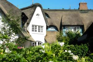 a house with a thatched roof with a window at Gemütliche Wohnung Reet-Pool-Sauna in Keitum