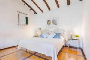 ein weißes Schlafzimmer mit einem weißen Bett und blauen Kissen in der Unterkunft Collado in Alájar + 16 Fotos