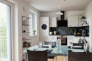 a kitchen with a glass table and chairs in a room at Ferienwohnung Schwalbenflug in Naumburg