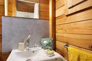 a bathroom with a sink and a wooden wall at Chalet prestige 19 piscine partagée in Saint-Gervais +16 photos