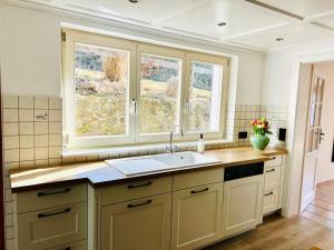 a kitchen with a sink and two windows at Hof Wälderblick in Ibach +91 photos