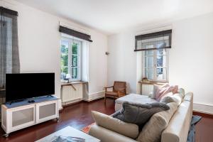 a living room with a couch and a flat screen tv at Ferienappartments Nähe Schweiz in Kandern