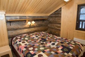 a bedroom with a bed in a room with wooden walls at Aamukka A&B in Levi