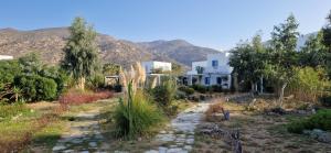 a view of a house with mountains in the background at Beachfront Ios Villa in Ios Chora