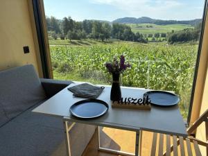 a table with plates and a vase with flowers on it at Zuhause im Freien in Stockach