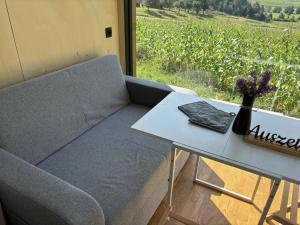 a couch and a table with a vase of flowers on it at Zuhause im Freien in Stockach +5 photos