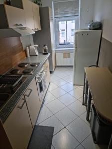 a kitchen with a stove and a refrigerator at Große 4 Zimmerwohnung Zwickau in Zwickau