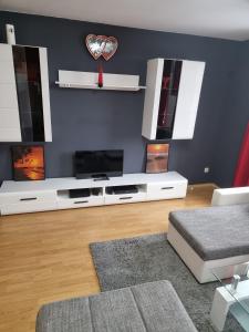 a living room with a tv and a couch at Große 4 Zimmerwohnung Zwickau in Zwickau
