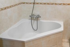 a bath tub with a shower in a bathroom at Gîte Yveco in Châteauneuf +23 photos