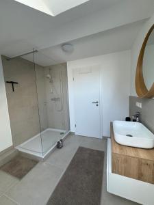 a bathroom with a shower and a sink and a tub at Apartment Oben in der Heide in Faßberg