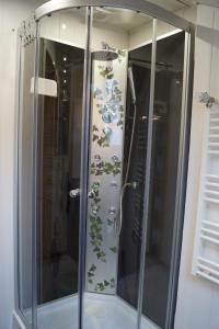 a shower with a glass door with plants on it at Quiet And Renovated Apartment in Schwendi +27 photos