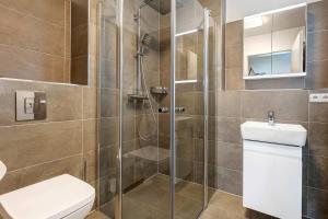 a bathroom with a shower with a toilet and a sink at FeWo Am Pier 7a in Loddin +26 photos