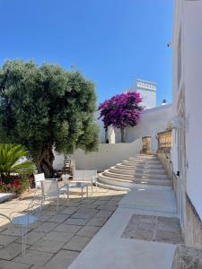 a patio with white chairs and a tree and stairs at Masseria Rienzo in Ostuni