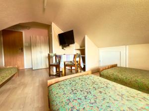 a hotel room with two beds and a television at Willa Świerk in Susiec