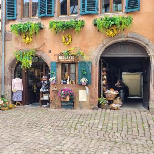 a building with a flower shop on a street at Riquewihr in Riquewihr