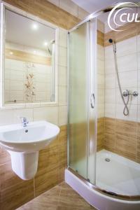 a bathroom with a sink and a shower at Ośrodek Wypoczynkowy Rzemieślnik in Szklarska Poręba