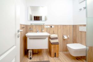 a bathroom with a sink and a toilet at Ferienwohnung Heuschober in Neuendorf am See