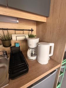 a kitchen counter with a coffee maker and a blender at Hiška Radolca - Camping Radovljica in Radovljica