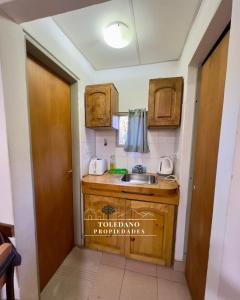a small kitchen with a sink and wooden cabinets at Costa Azul 3 in Villa Pehuenia
