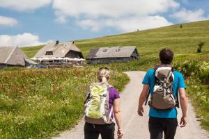 two people with backpacks walking down a dirt road at Ferienwohnungen Uhren Allgaier in Schönwald +103 photos